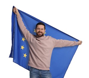 Man holding European Union flag on white background