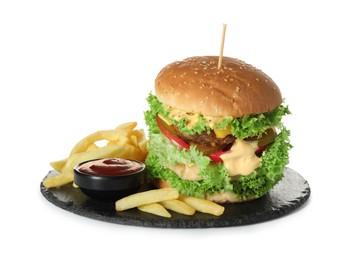 Photo of Burger with delicious patty, french fries and sauce isolated on white