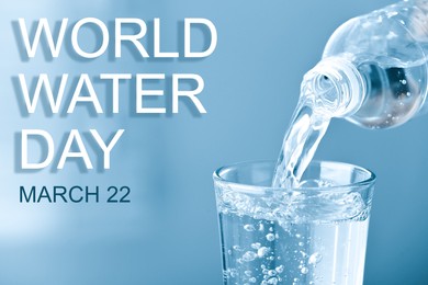 Text World Water Day, March 22 and pouring water from bottle into glass on light blue background