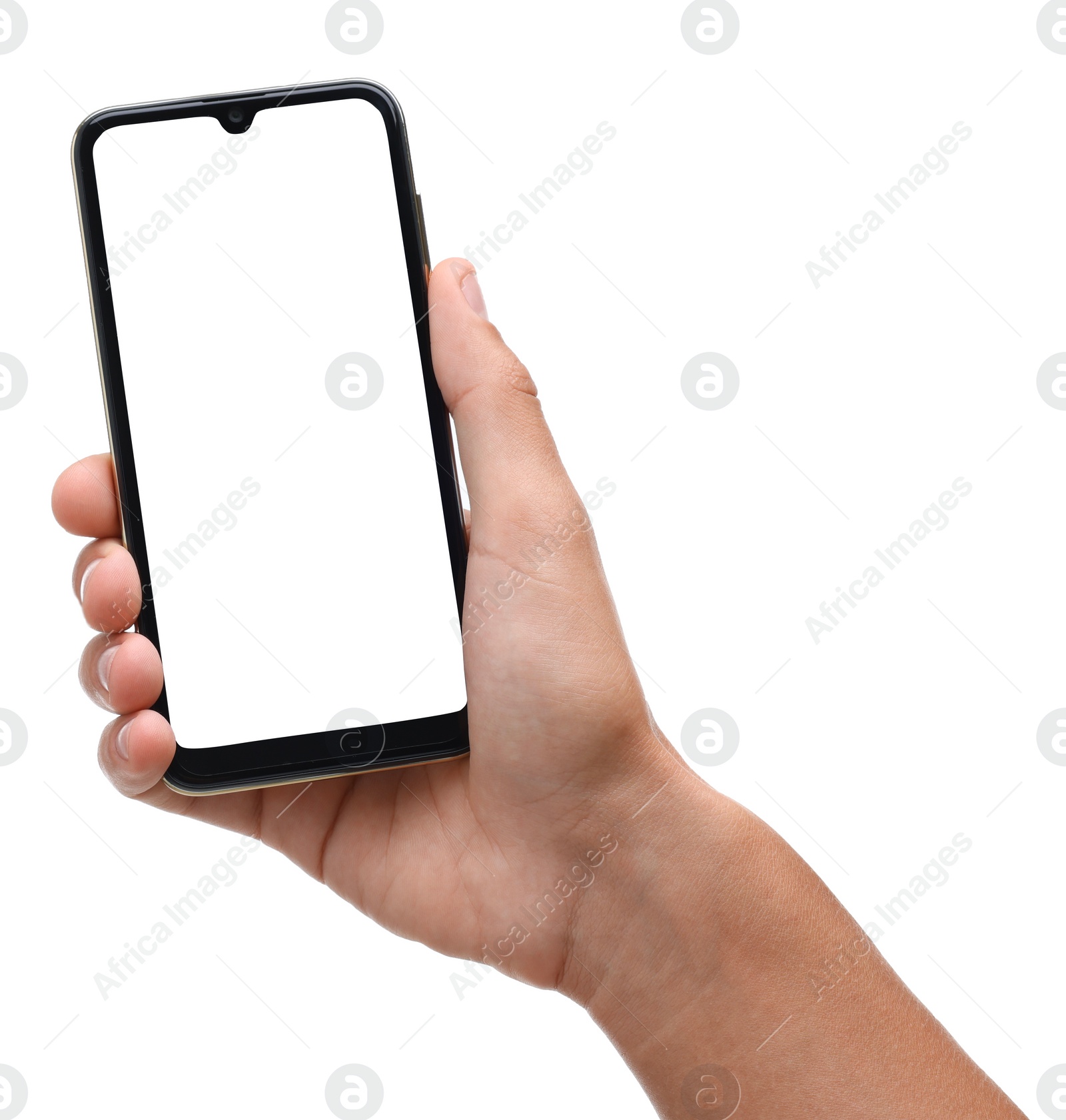 Photo of Man holding smartphone with blank screen on white background, closeup. Mockup for design