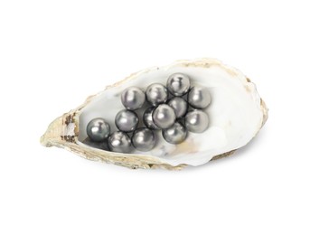 Photo of Oyster shell with black pearls on white background, top view
