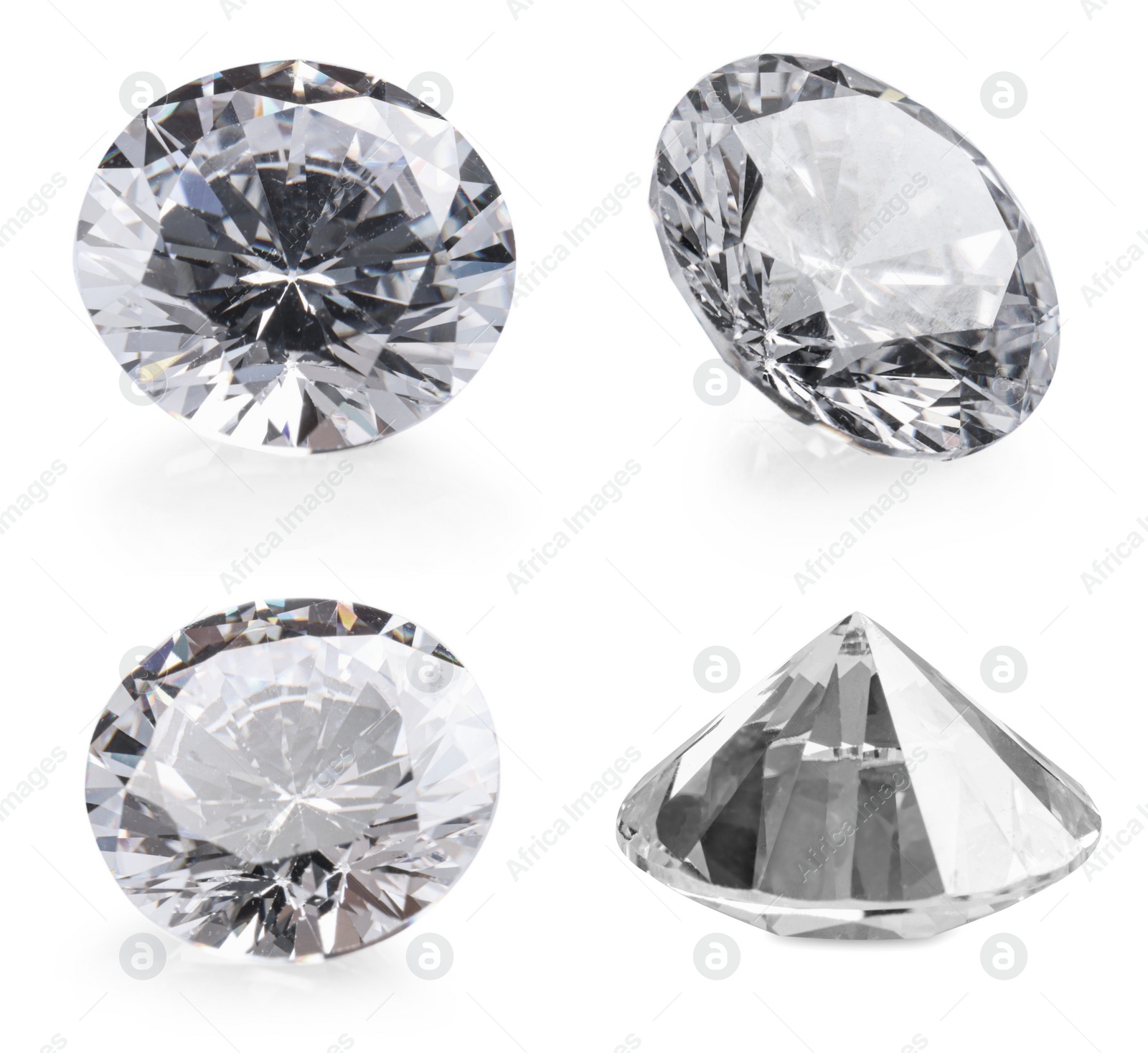 Image of Beautiful dazzling diamonds on white background, set