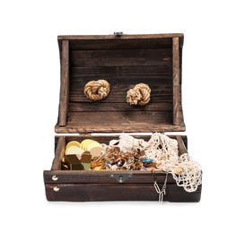 Photo of Wooden treasure chest with net, gold bars, coins, jewelry and gemstones isolated on white