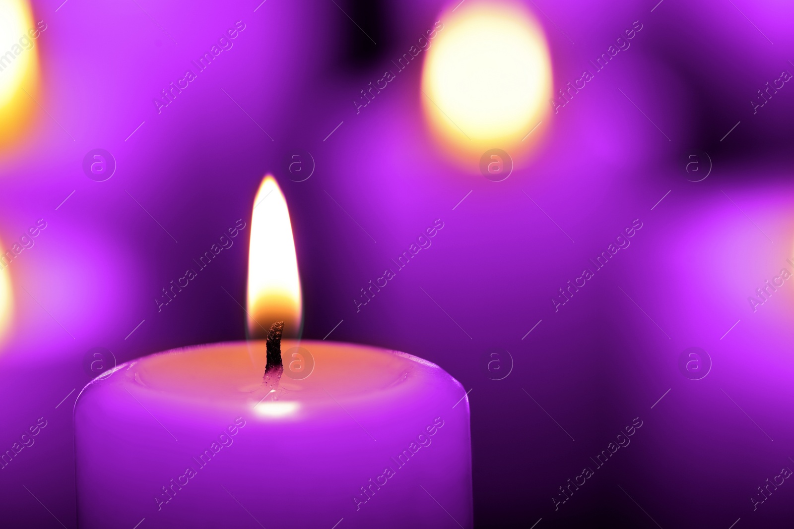 Image of Burning violet candle on blurred background, closeup. Funeral attributes