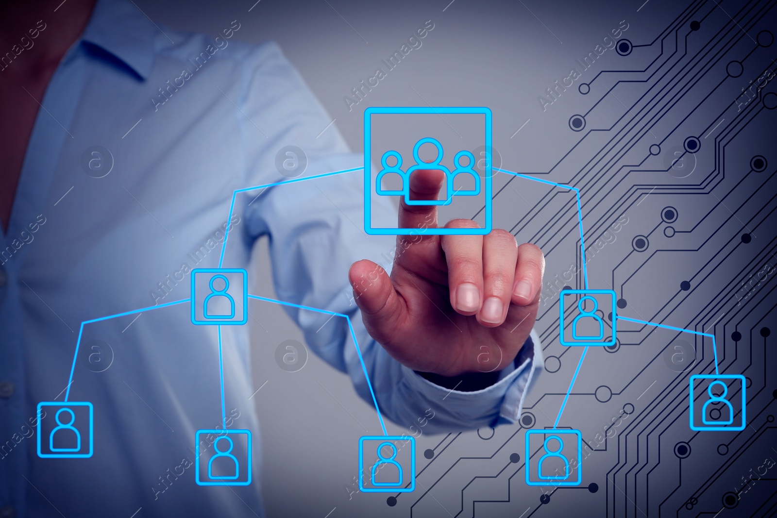Image of Multi-level marketing. Businessman touching scheme on digital screen, closeup. Illustration of hierarchy