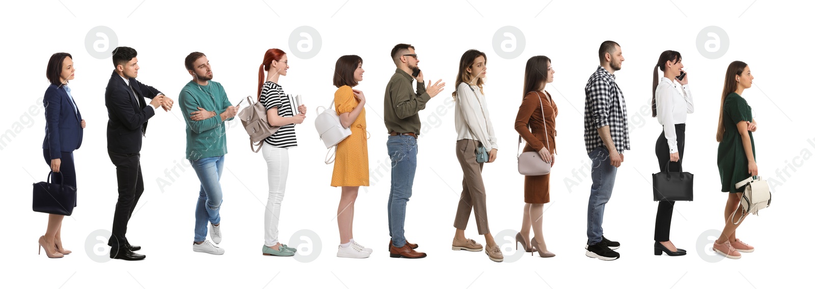 Image of People waiting in queue on white background