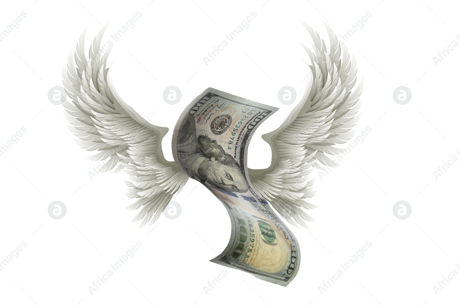 Image of One hundred dollar banknote with wings on white background