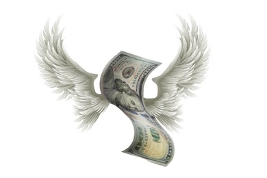 Image of One hundred dollar banknote with wings on white background