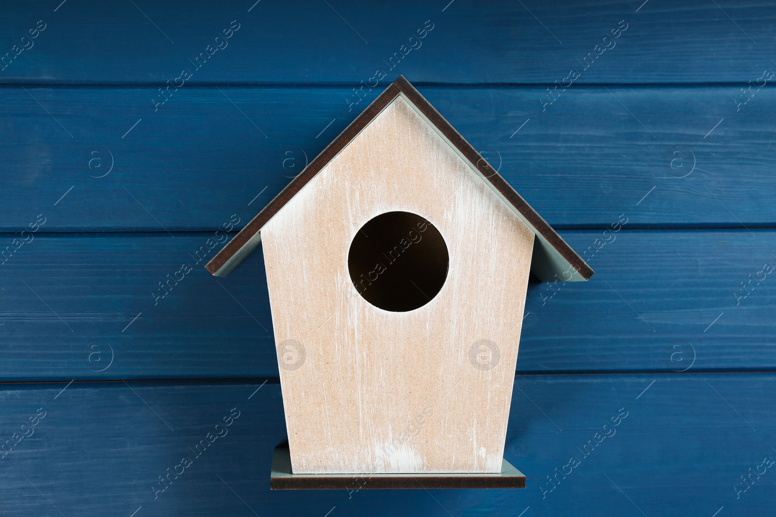 Photo of Beautiful bird house on blue wooden table, top view