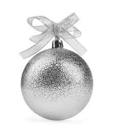 Photo of Beautiful silver Christmas ball with bow isolated on white
