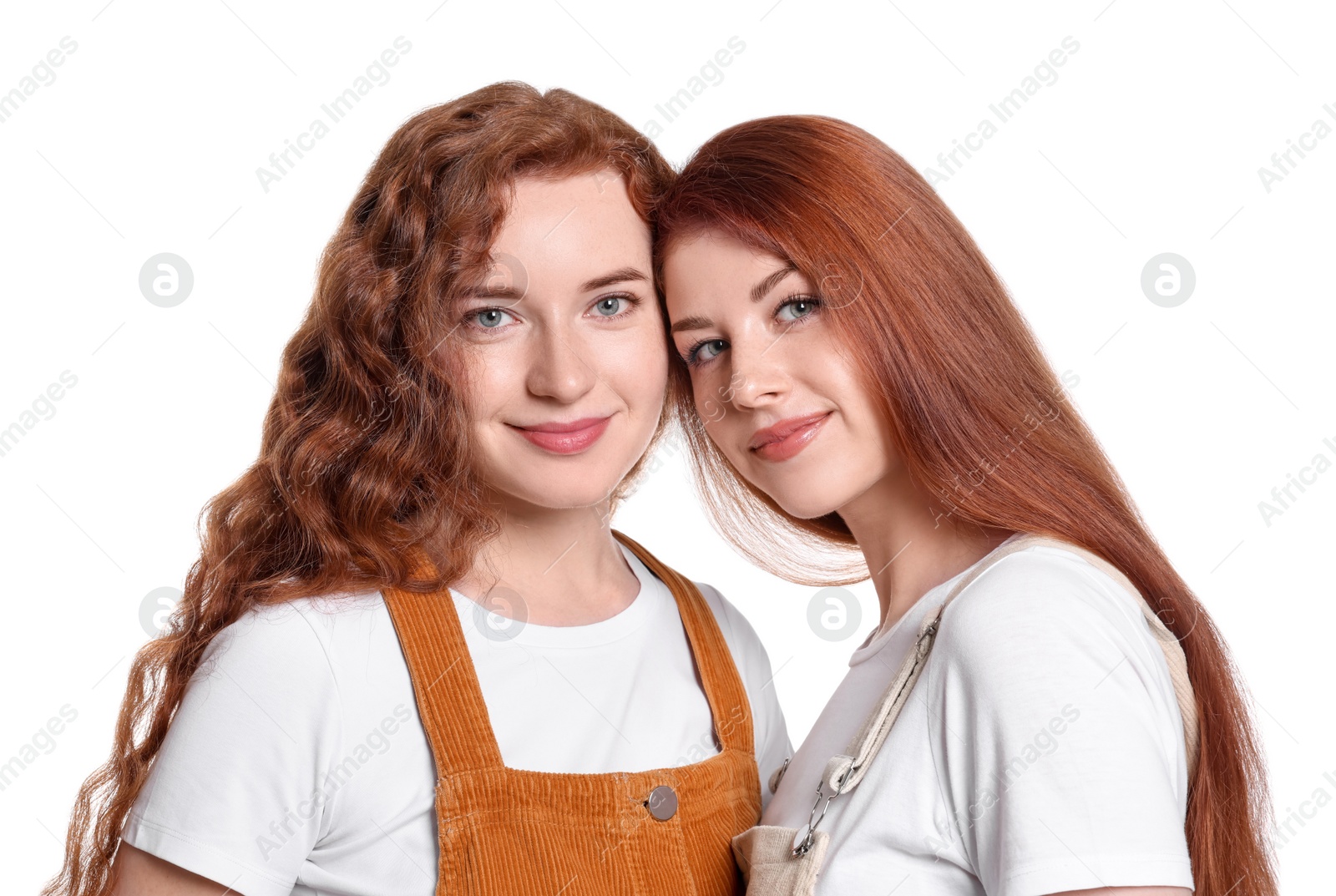 Photo of Portrait of beautiful young redhead sisters on white background