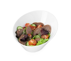 Photo of Delicious salad with beef tongue and vegetables isolated on white