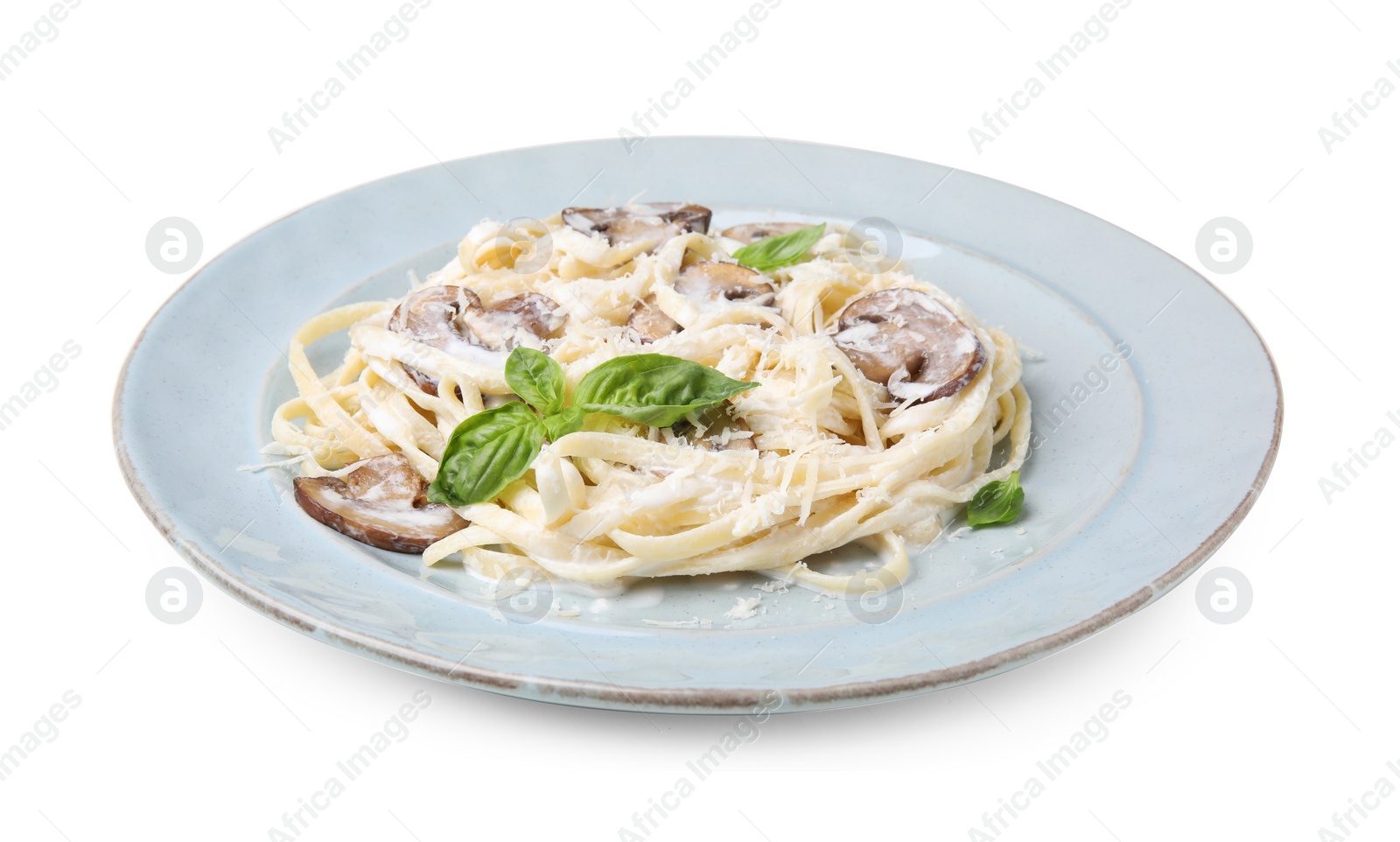 Photo of Delicious pasta with mushrooms on white background