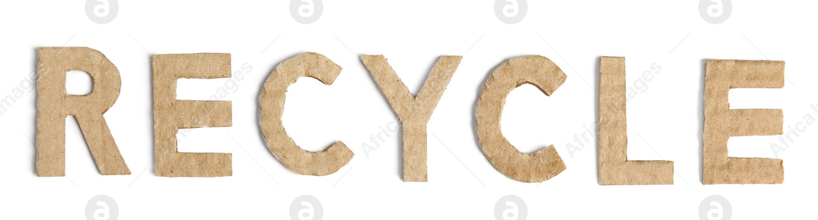 Photo of Word RECYCLE made of cardboard isolated on white, top view