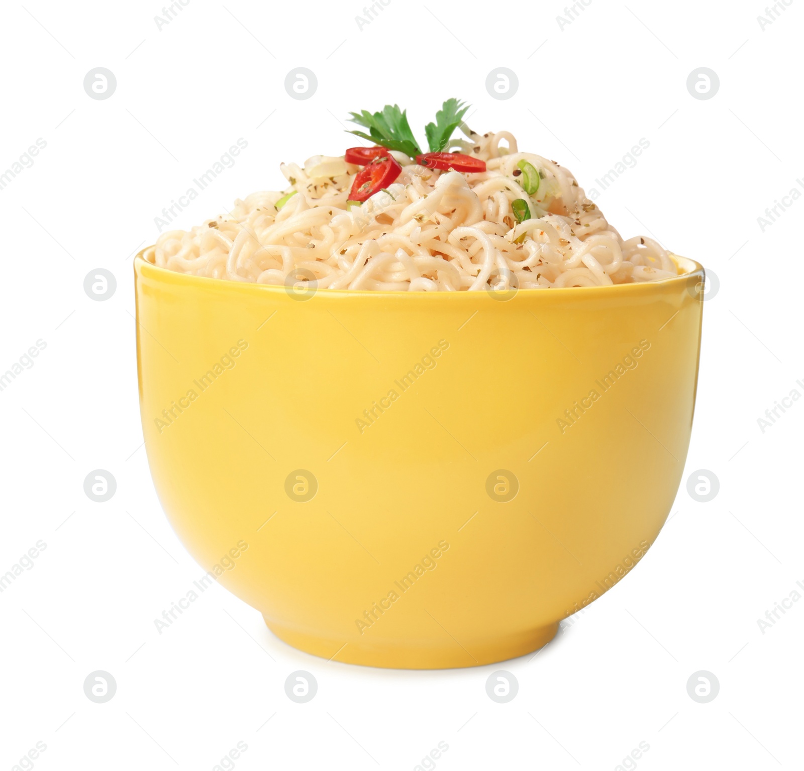 Photo of Tasty instant noodles with chili pepper in bowl isolated on white