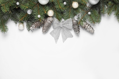 Photo of Christmas decoration on white background, top view. Space for text