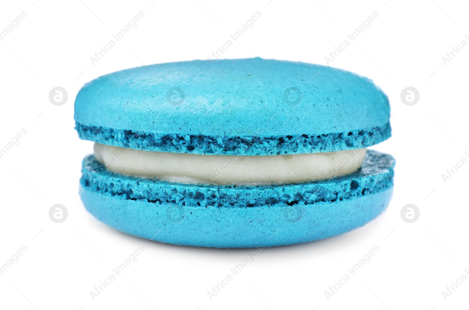 Photo of Light blue macaron isolated on white. Delicious dessert