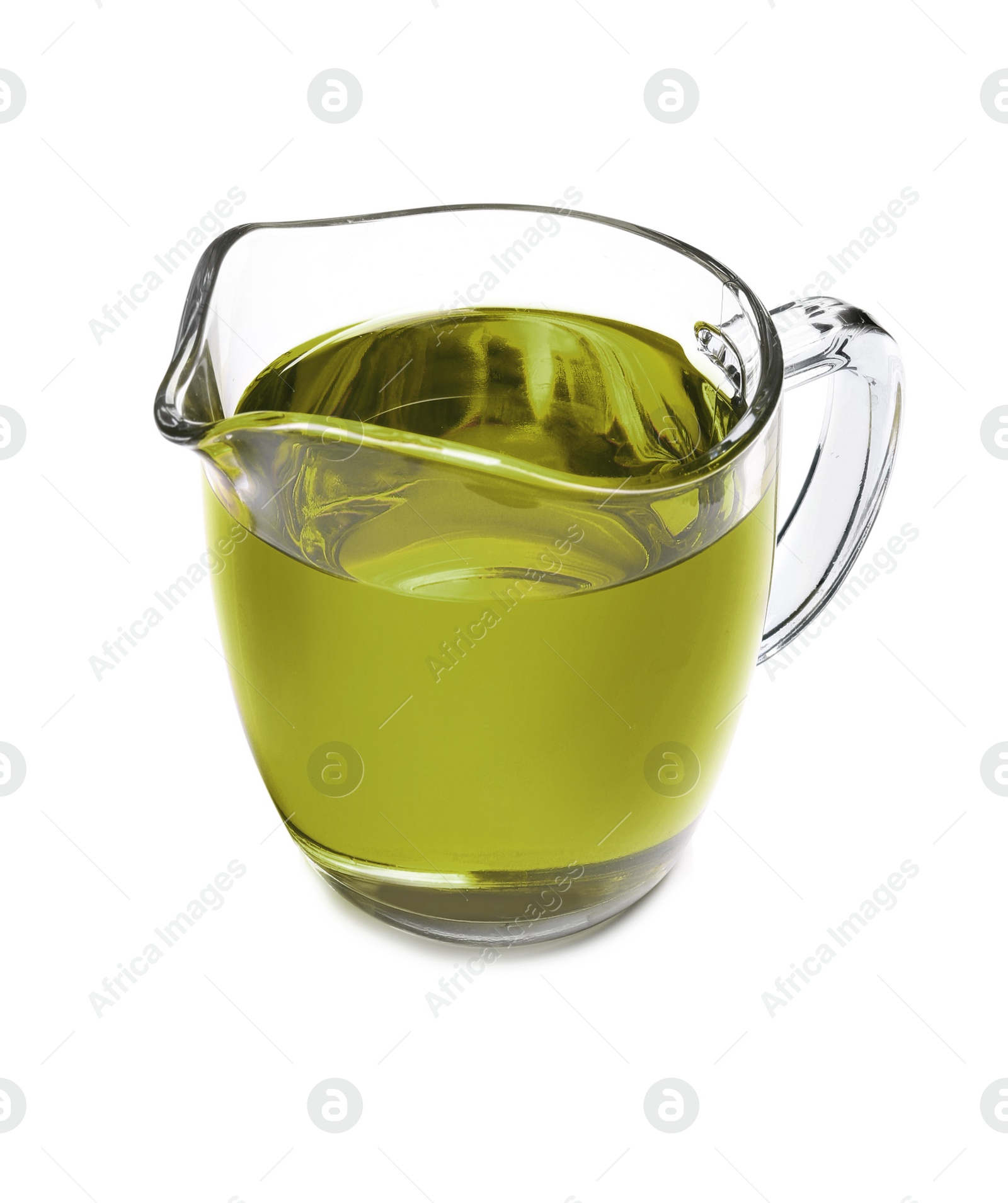 Photo of Jug with hemp oil on white background