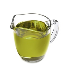 Photo of Jug with hemp oil on white background