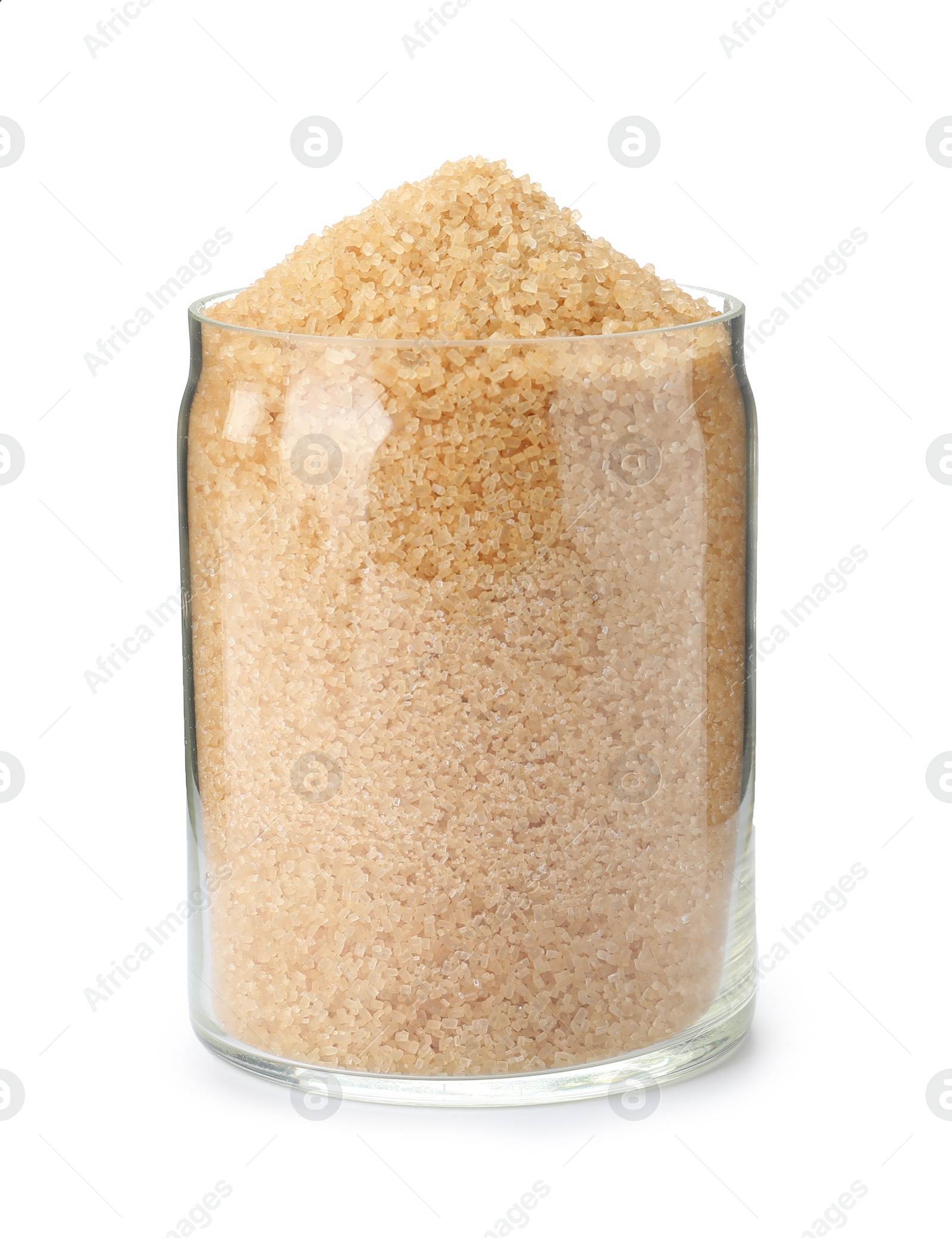 Photo of Glass jar with brown sugar isolated on white