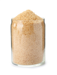 Photo of Glass jar with brown sugar isolated on white