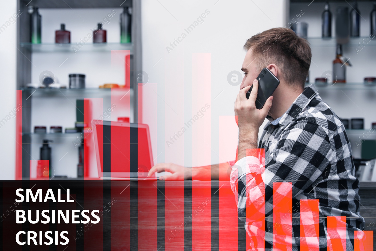 Image of Double exposure of young man talking on phone in his barber shop and falling down finansial chart. Small business crisis during covid-19 outbreak