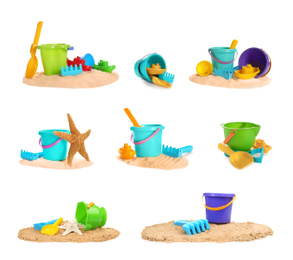 Image of Set of different plastic beach toys on white background 