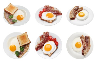 Image of Set with tasty fried eggs, bacon, bread and tomatoes on white background