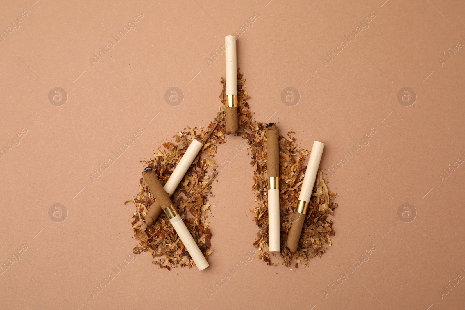 Photo of No smoking concept. Lungs made of dry tobacco and cigarettes on brown background, flat lay