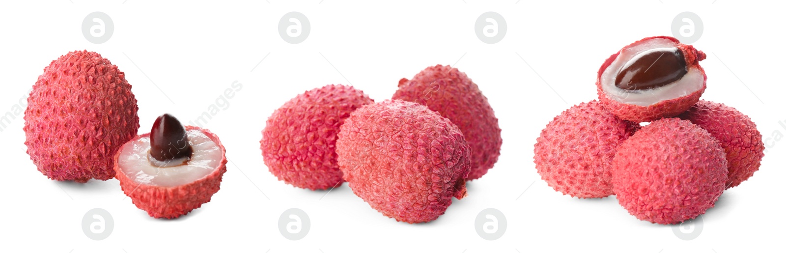 Image of Set of delicious fresh lychees on white background. Banner design 
