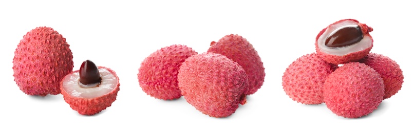 Image of Set of delicious fresh lychees on white background. Banner design 