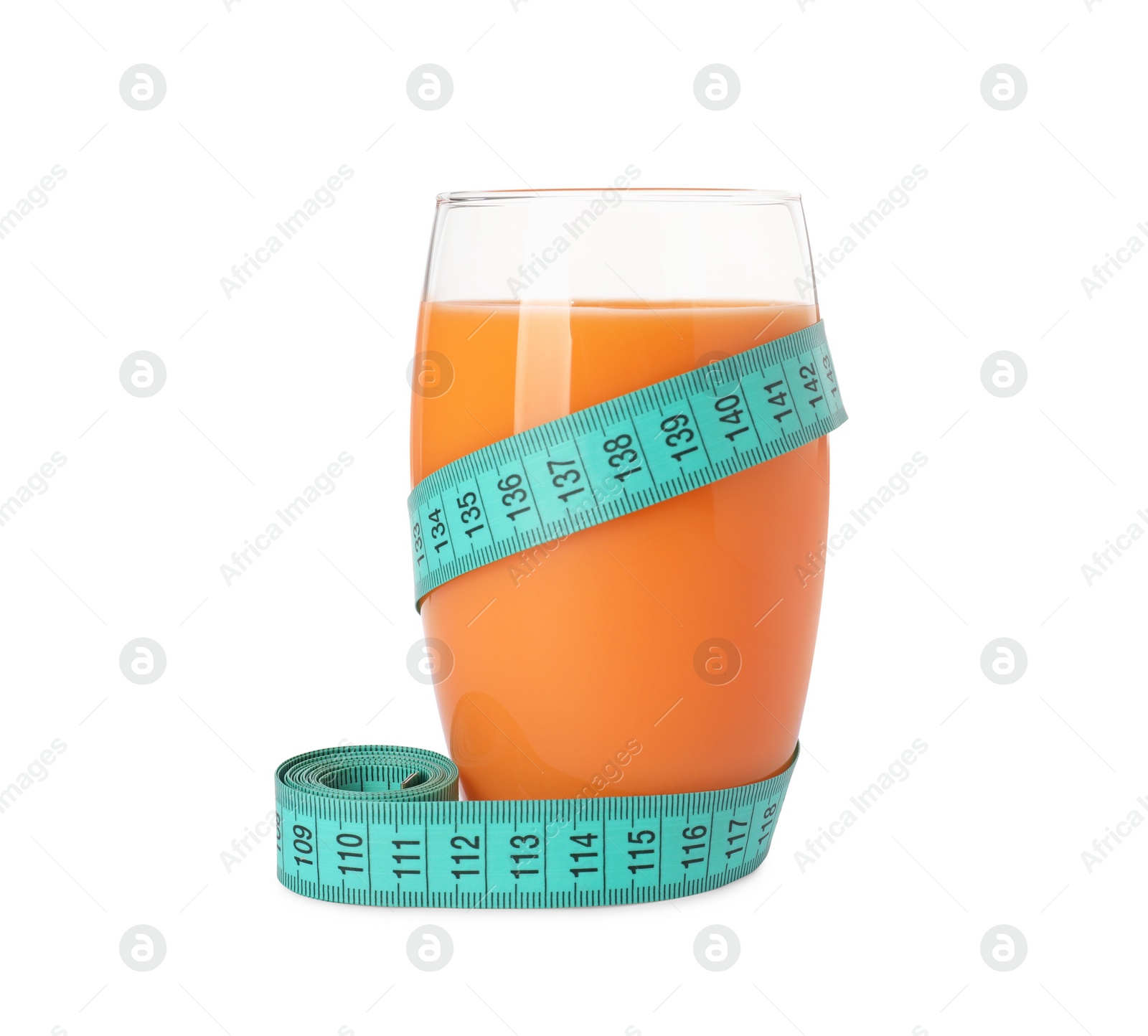 Photo of Tasty shake and measuring tape isolated on white. Weight loss