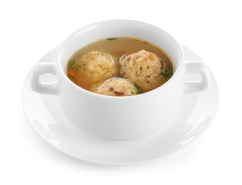 Photo of Bowl of Jewish matzoh balls soup isolated on white