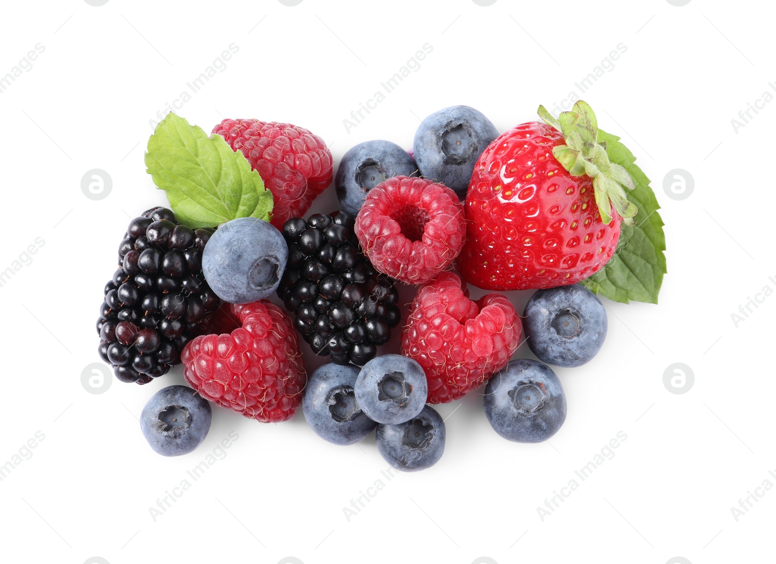 Photo of Many different ripe berries and mint leaves isolated on white, top view