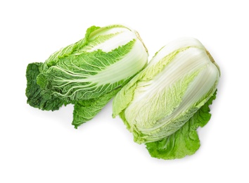 Photo of Fresh ripe Chinese cabbages isolated on white, top view