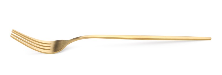 Photo of One shiny golden fork isolated on white