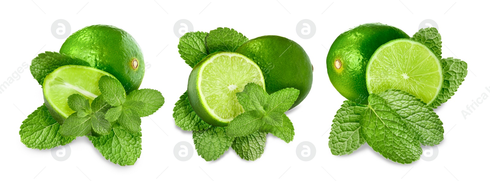 Image of Fresh ripe limes and green mint leaves isolated on white, set