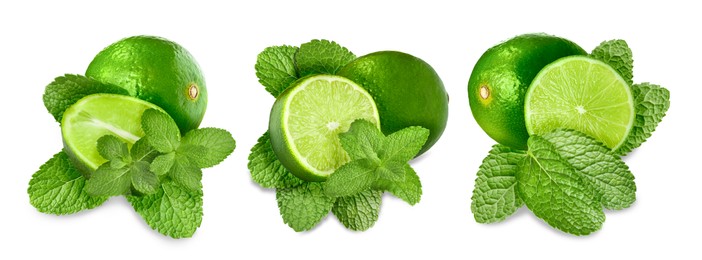 Fresh ripe limes and green mint leaves isolated on white, set