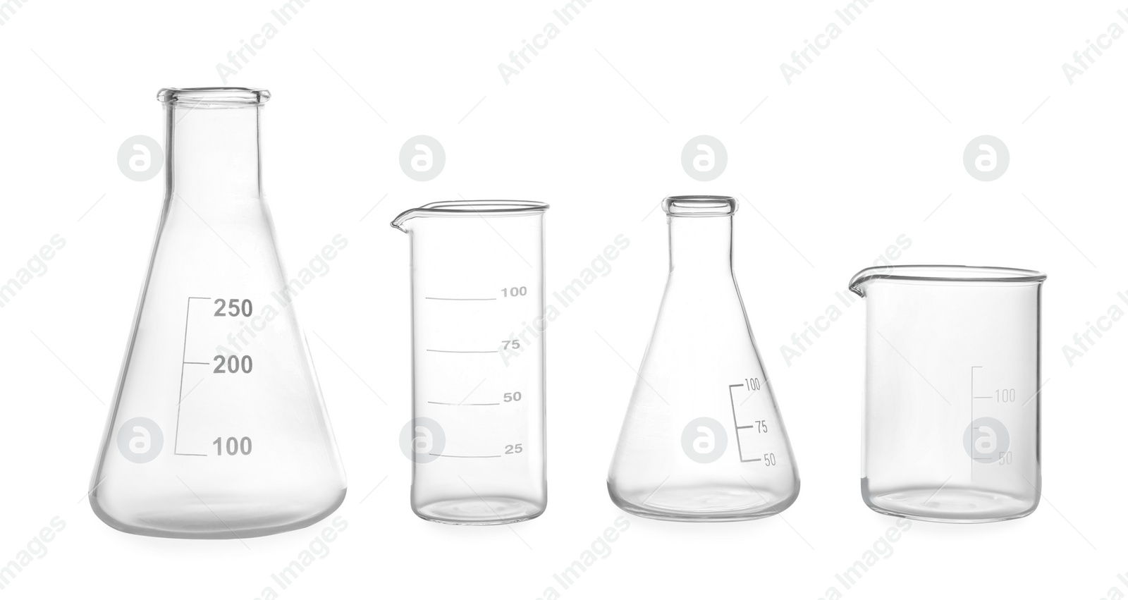 Photo of Empty glassware isolated on white. Laboratory analysis