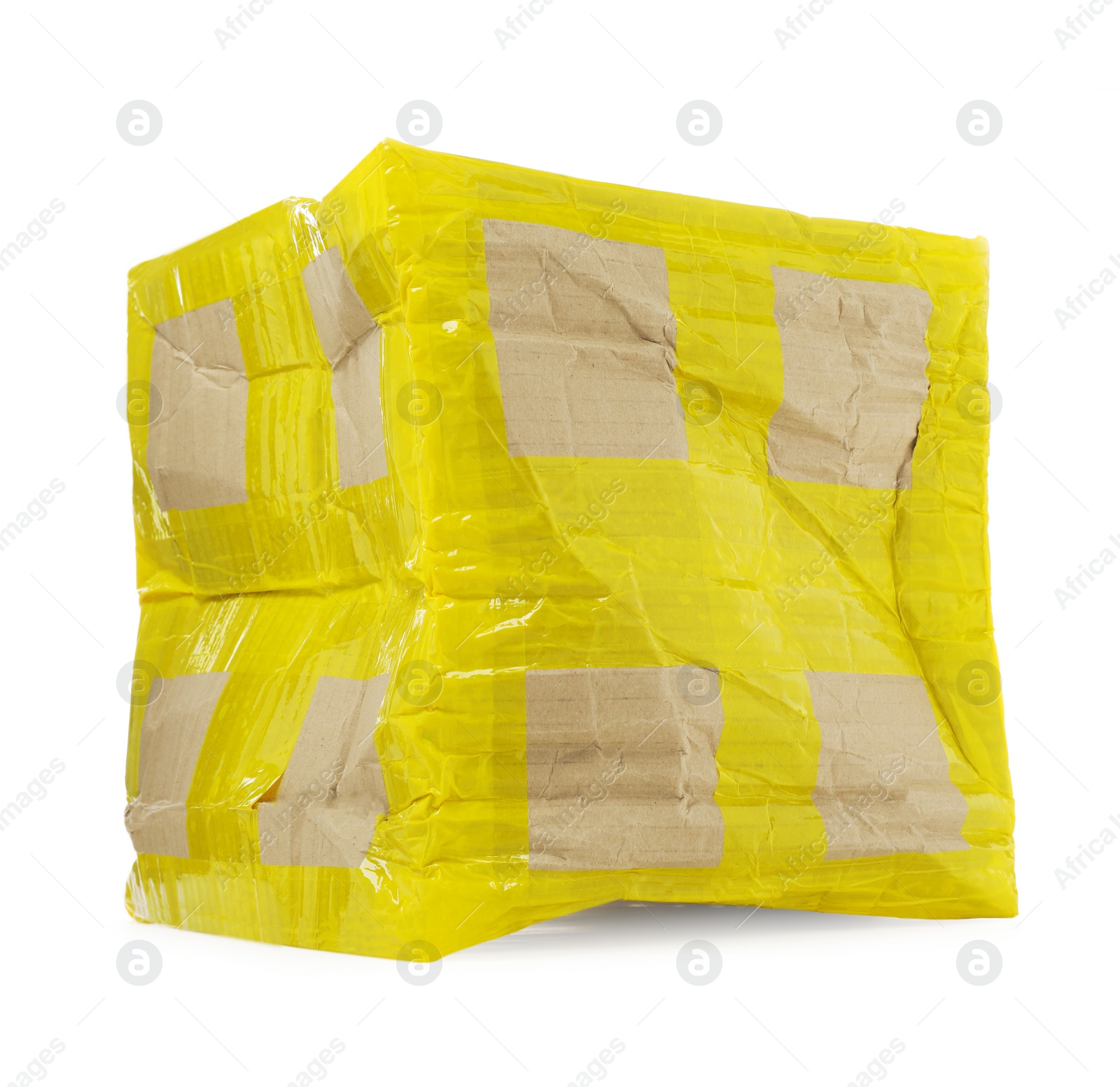 Photo of Crumpled cardboard parcel box with yellow sticky tape on white background