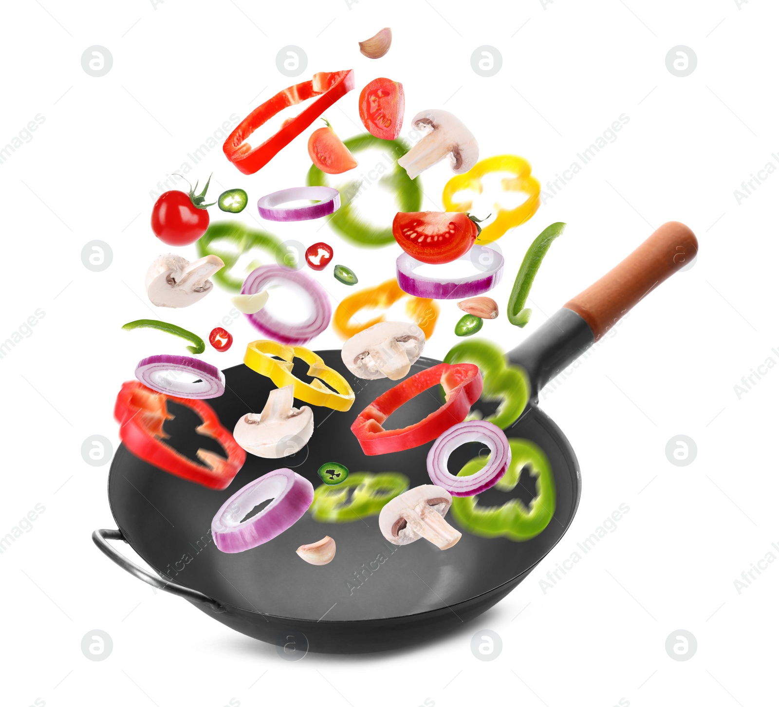 Image of Different tasty ingredients falling into wok on white background