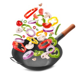 Image of Different tasty ingredients falling into wok on white background