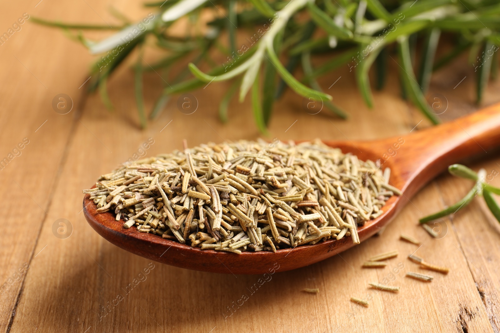 Photo of Spoon with dry rosemary on wooden table, closeup