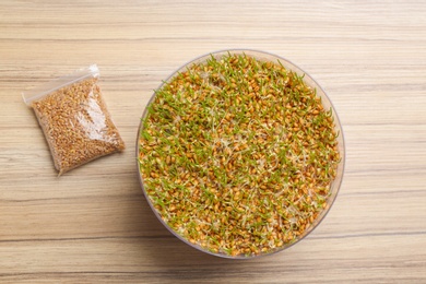 Photo of Flat lay composition with growing wheat grass on table