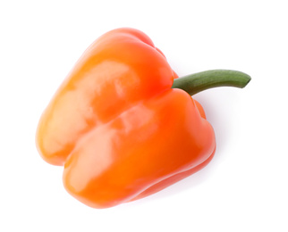 Photo of Ripe orange bell pepper isolated on white, top view