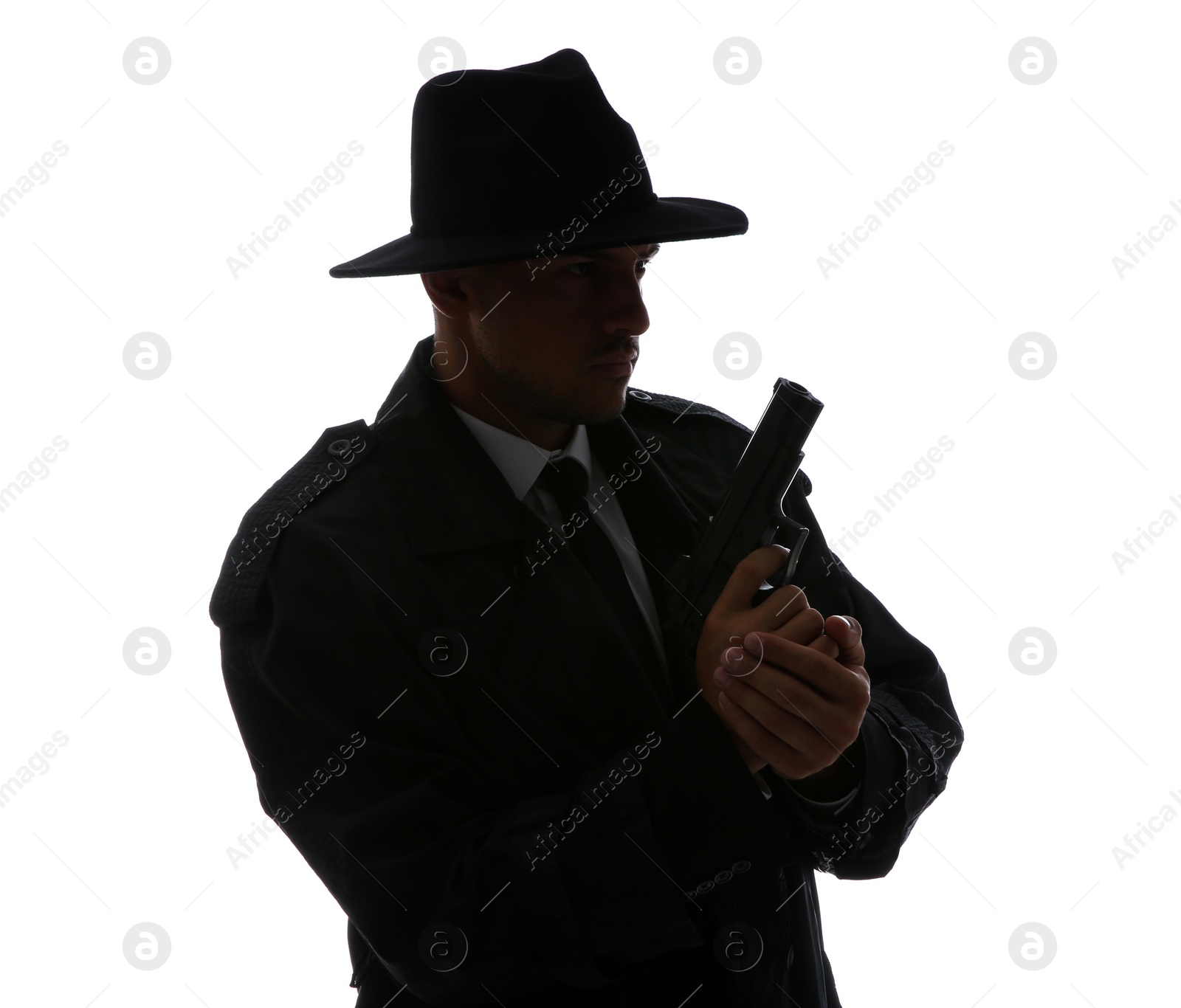 Photo of Old fashioned detective with gun on white background