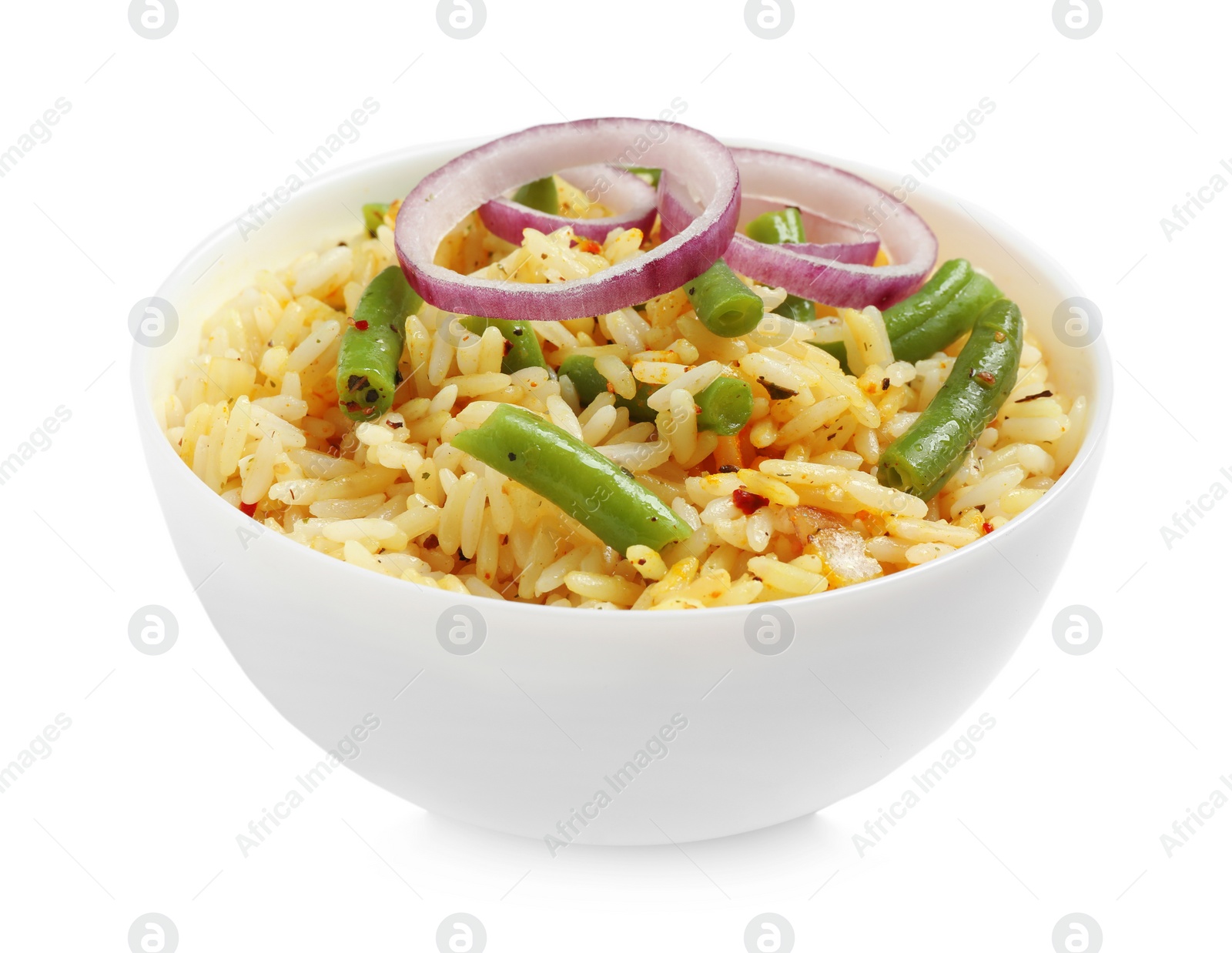 Photo of Tasty rice pilaf with green beans and onion isolated on white