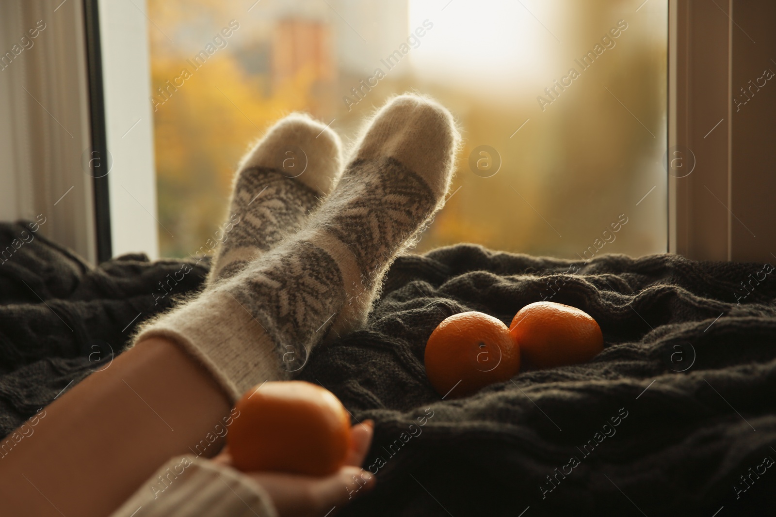 Photo of Woman in knitted socks and tangerines on plaid near window at home, closeup