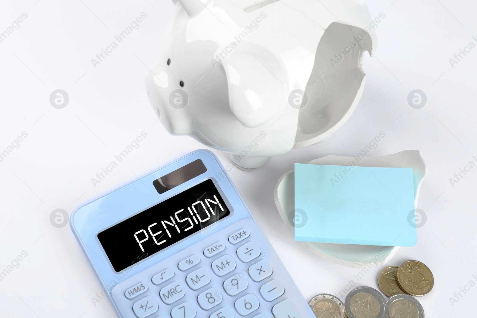 Image of Calculator with word Pension, coins, broken piggy bank and sticky notes on white background, above view