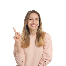 Woman showing number one with her hand on white background